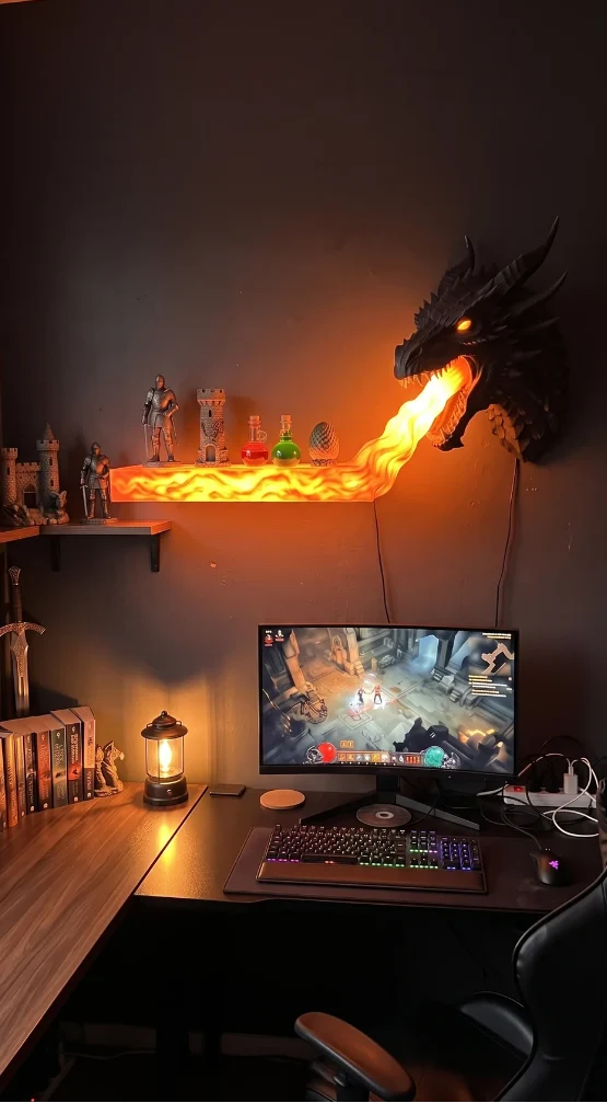 🐉 Dragon Wall Shelf with LED Fire Effect – Handcrafted Display Shelf for Collectibles
