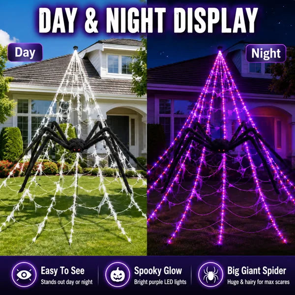 🕷️ Halloween LED Spider Web Lights & Giant Spider Decor