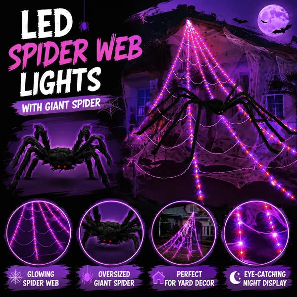 🕷️ Halloween LED Spider Web Lights & Giant Spider Decor
