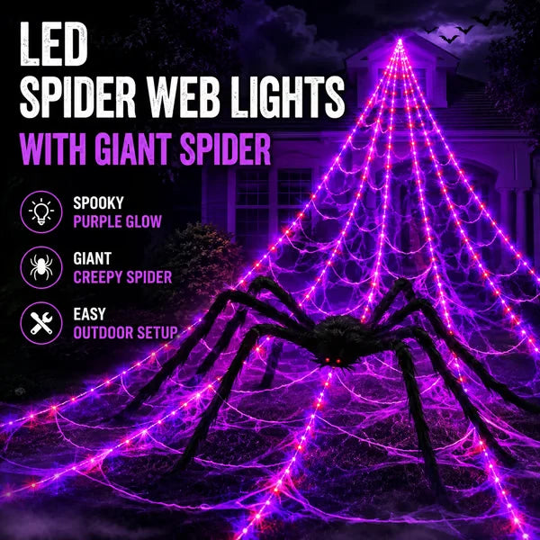 🕷️ Halloween LED Spider Web Lights & Giant Spider Decor