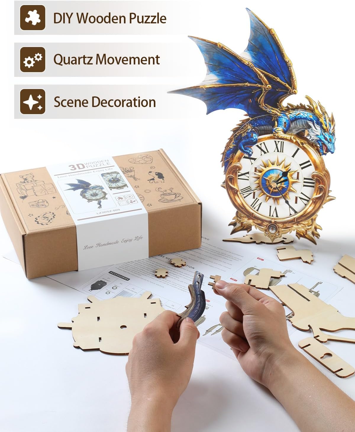 🐉 3D Wooden Blue Dragon Clock Puzzle – DIY Wall Clock Kit with Pendulum