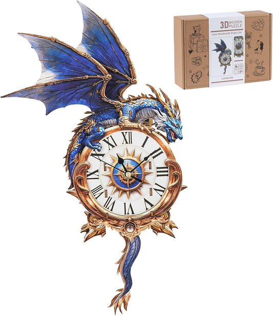 🐉 3D Wooden Blue Dragon Clock Puzzle – DIY Wall Clock Kit with Pendulum