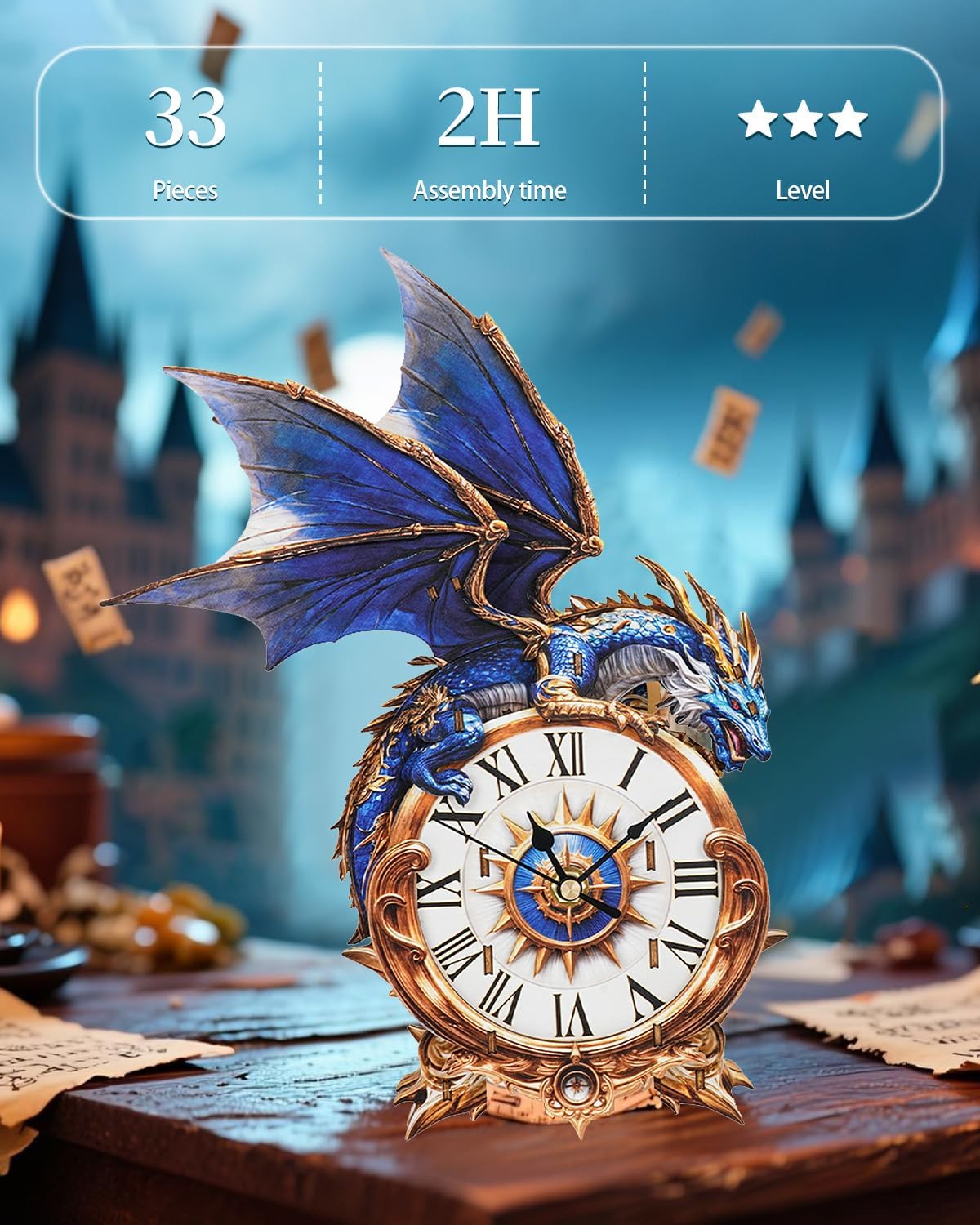 🐉 3D Wooden Blue Dragon Clock Puzzle – DIY Wall Clock Kit with Pendulum