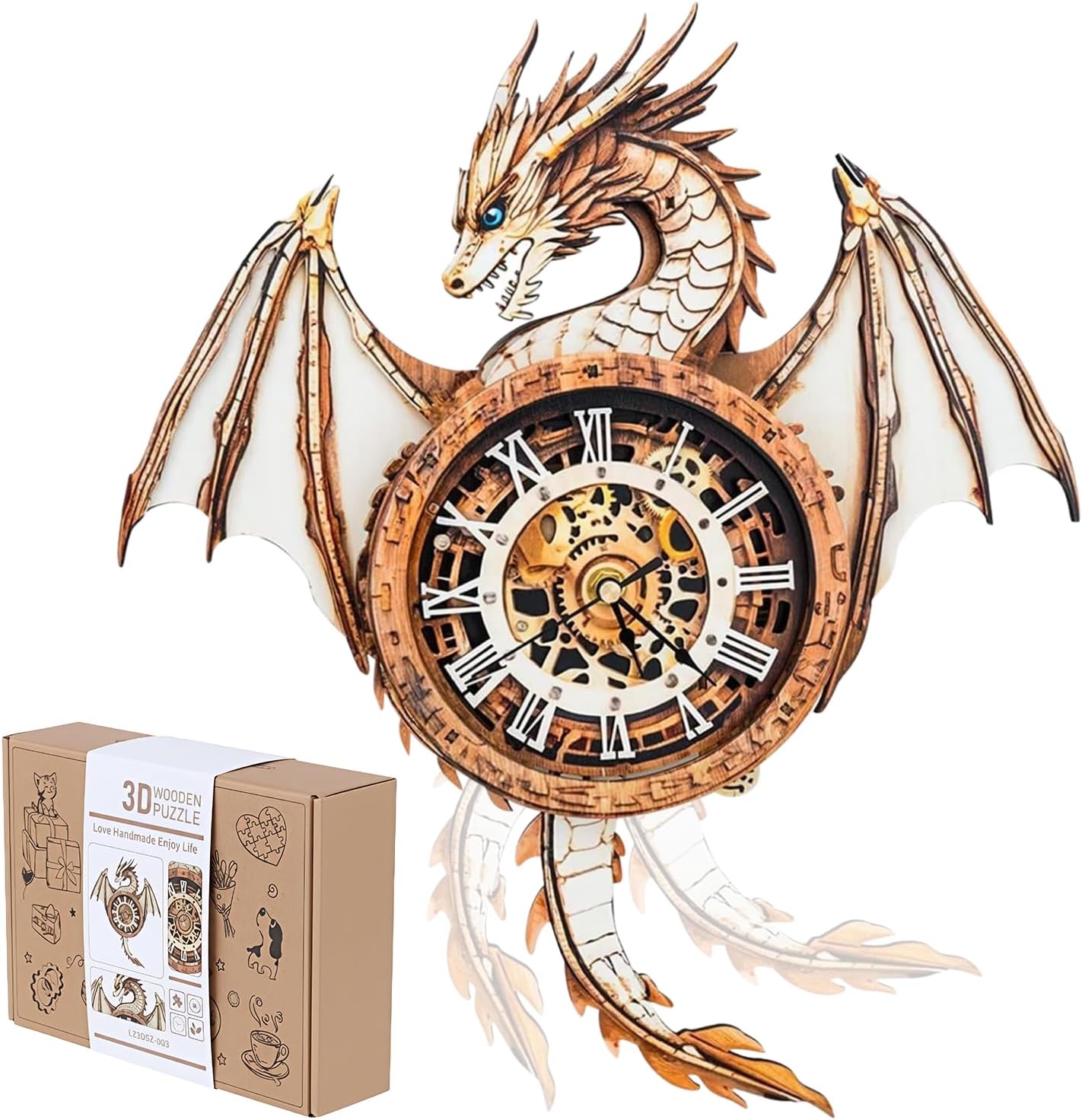 🐉 3D Wooden Blue Dragon Clock Puzzle – DIY Wall Clock Kit with Pendulum