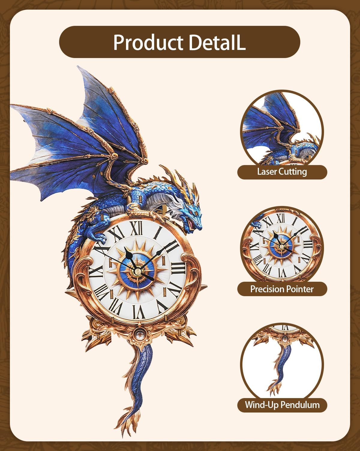 🐉 3D Wooden Blue Dragon Clock Puzzle – DIY Wall Clock Kit with Pendulum