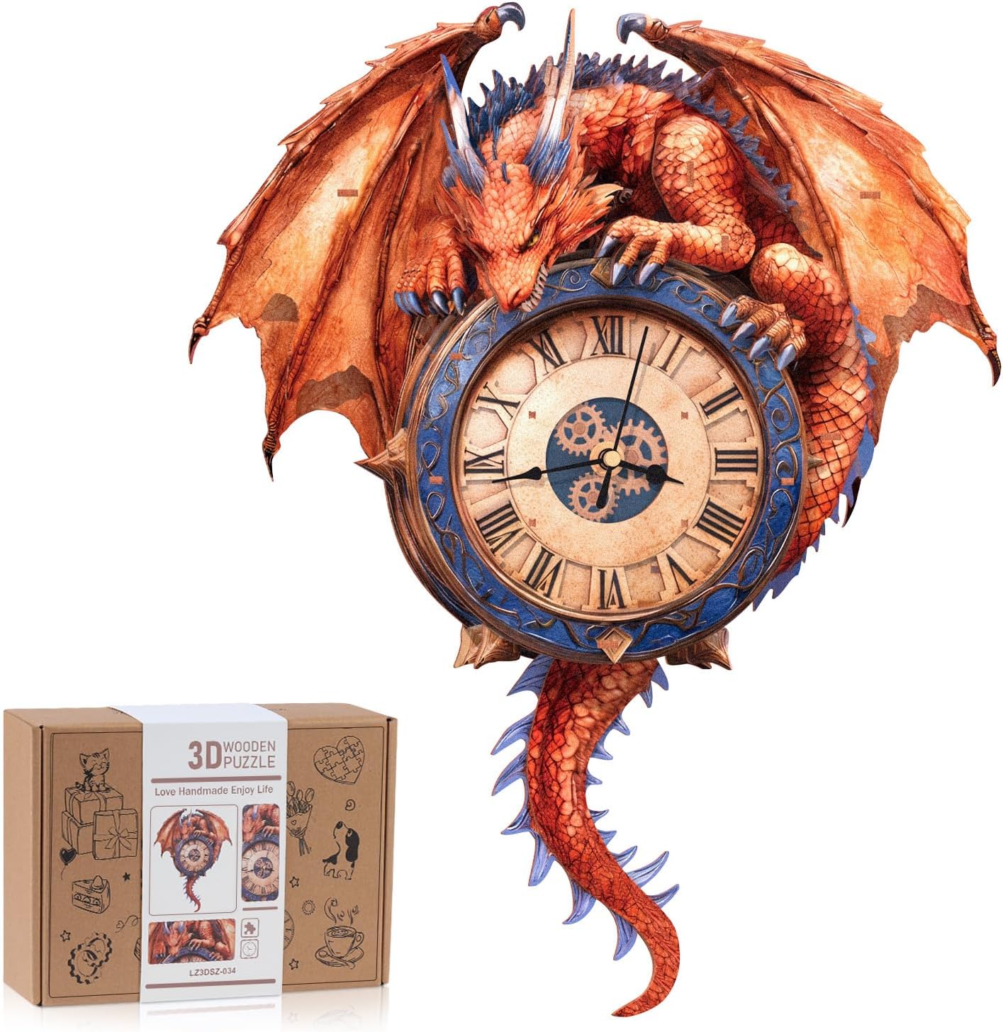 🐉 3D Wooden Blue Dragon Clock Puzzle – DIY Wall Clock Kit with Pendulum