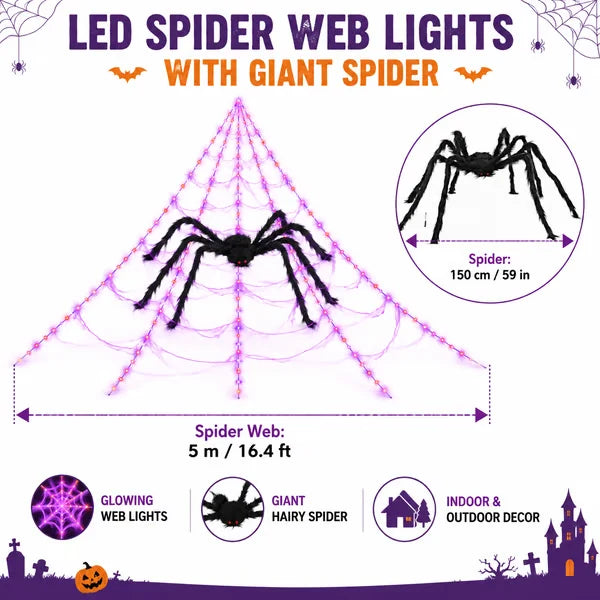 🕷️ Halloween LED Spider Web Lights & Giant Spider Decor