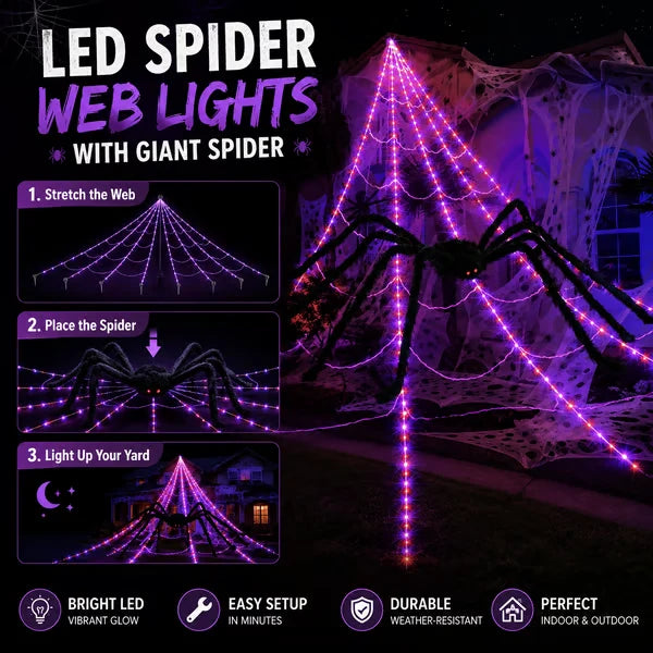 🕷️ Halloween LED Spider Web Lights & Giant Spider Decor