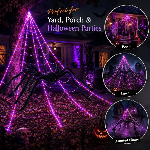 🕷️ Halloween LED Spider Web Lights & Giant Spider Decor
