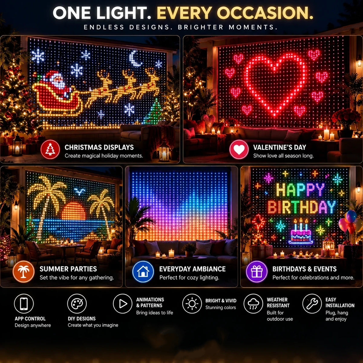 🎄 LED Pixel Curtain Lights – App-Controlled Custom Light Display