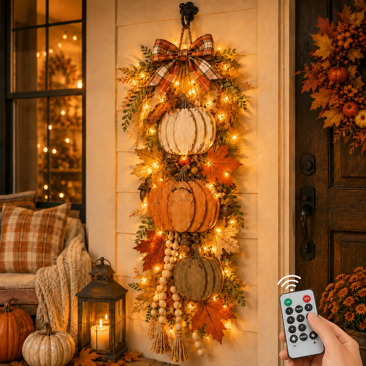 🎃 Rustic Wooden Pumpkin Door Hanging with Warm LED Lights – Fall & Halloween Decor