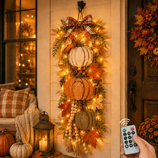 🎃 Rustic Wooden Pumpkin Door Hanging with Warm LED Lights – Fall & Halloween Decor