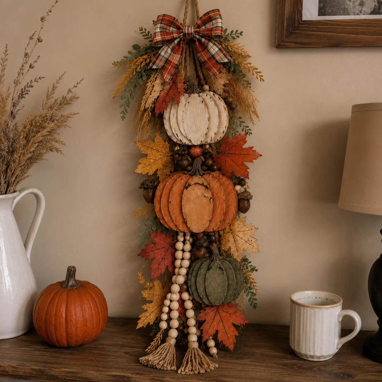 🎃 Rustic Wooden Pumpkin Door Hanging with Warm LED Lights – Fall & Halloween Decor
