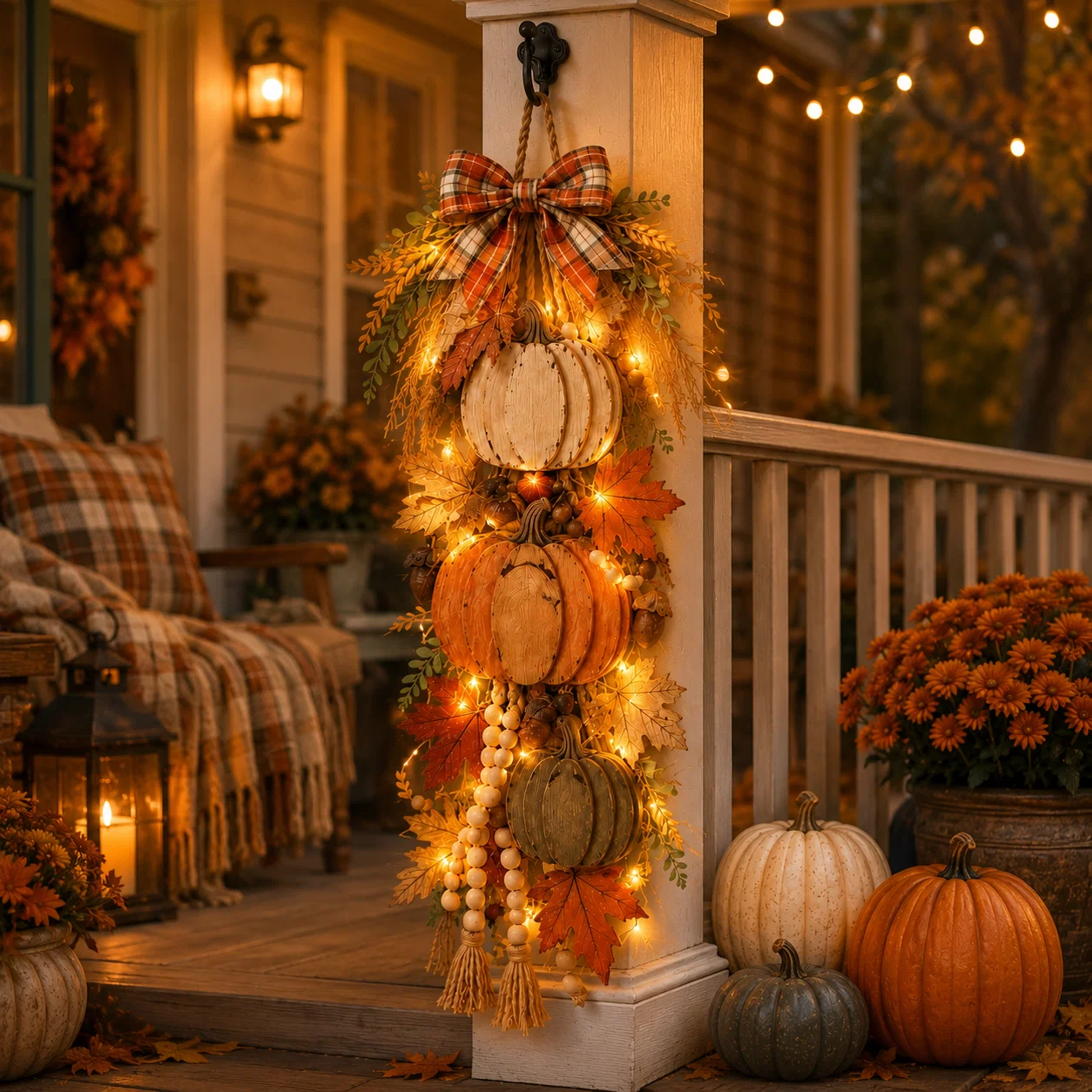 🎃 Rustic Wooden Pumpkin Door Hanging with Warm LED Lights – Fall & Halloween Decor