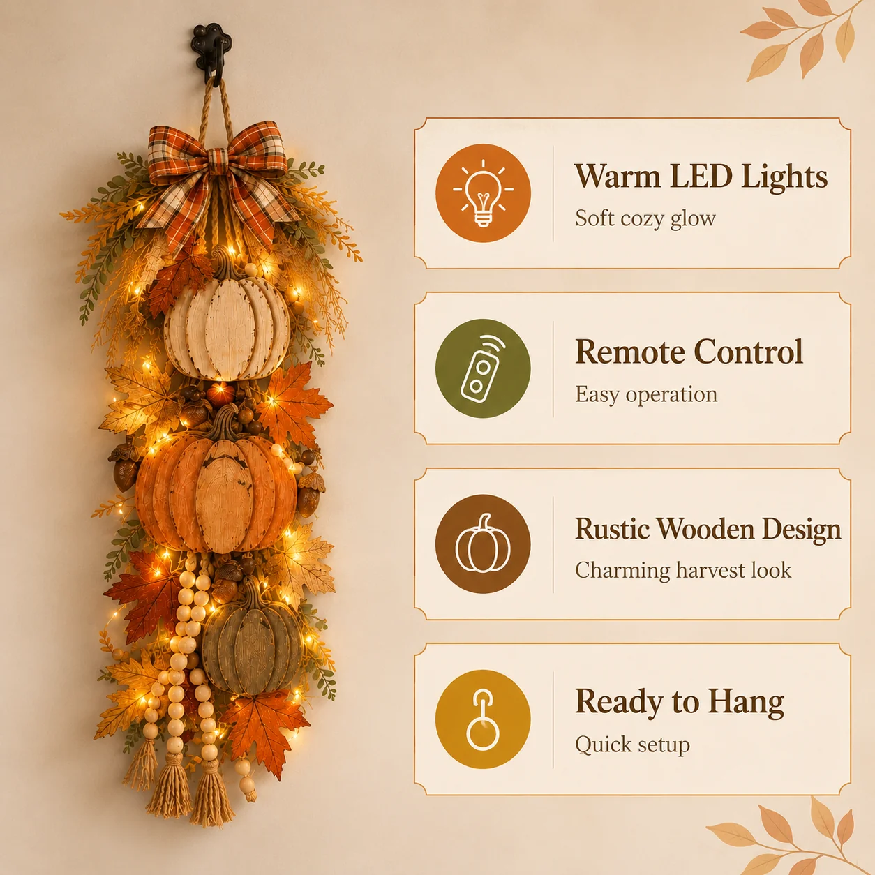 🎃 Rustic Wooden Pumpkin Door Hanging with Warm LED Lights – Fall & Halloween Decor