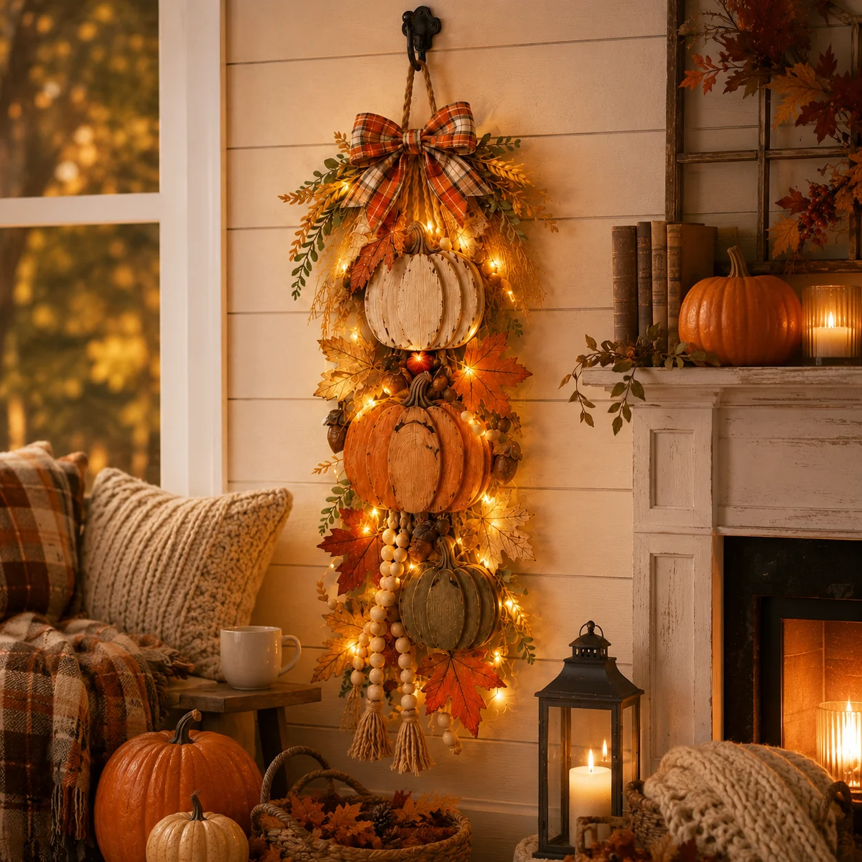 🎃 Rustic Wooden Pumpkin Door Hanging with Warm LED Lights – Fall & Halloween Decor