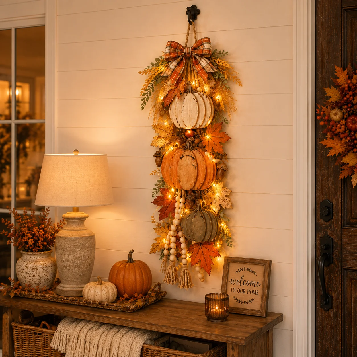 🎃 Rustic Wooden Pumpkin Door Hanging with Warm LED Lights – Fall & Halloween Decor