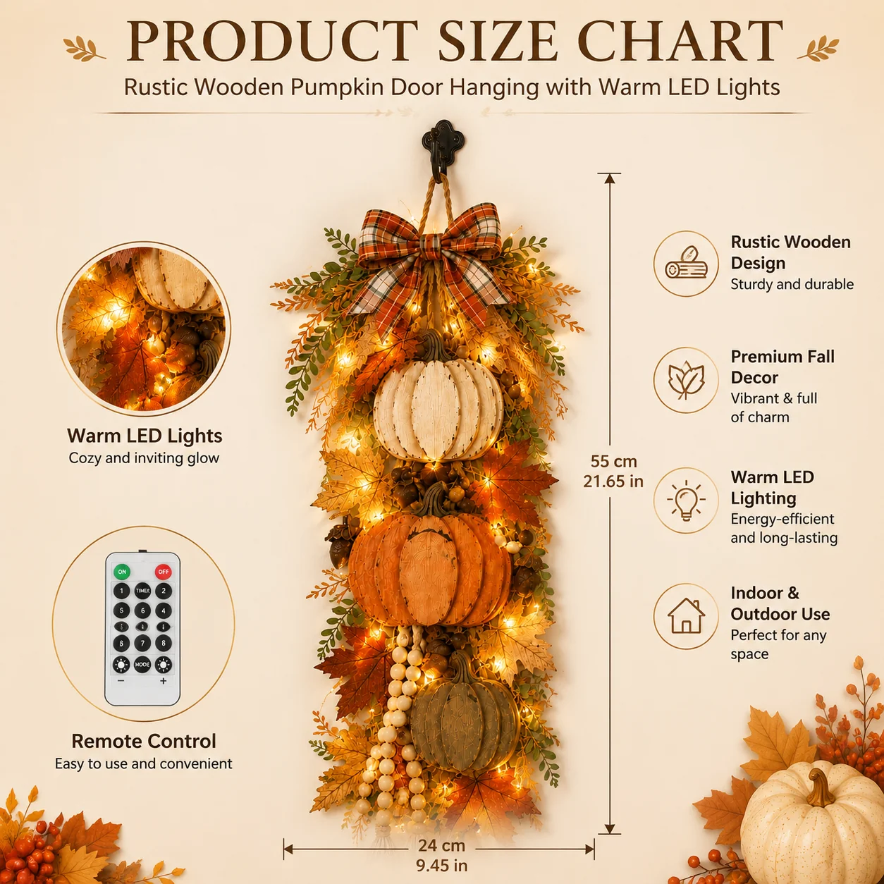 🎃 Rustic Wooden Pumpkin Door Hanging with Warm LED Lights – Fall & Halloween Decor