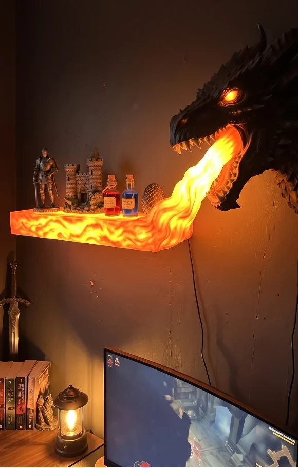🐉 Dragon Wall Shelf with LED Fire Effect – Handcrafted Display Shelf for Collectibles