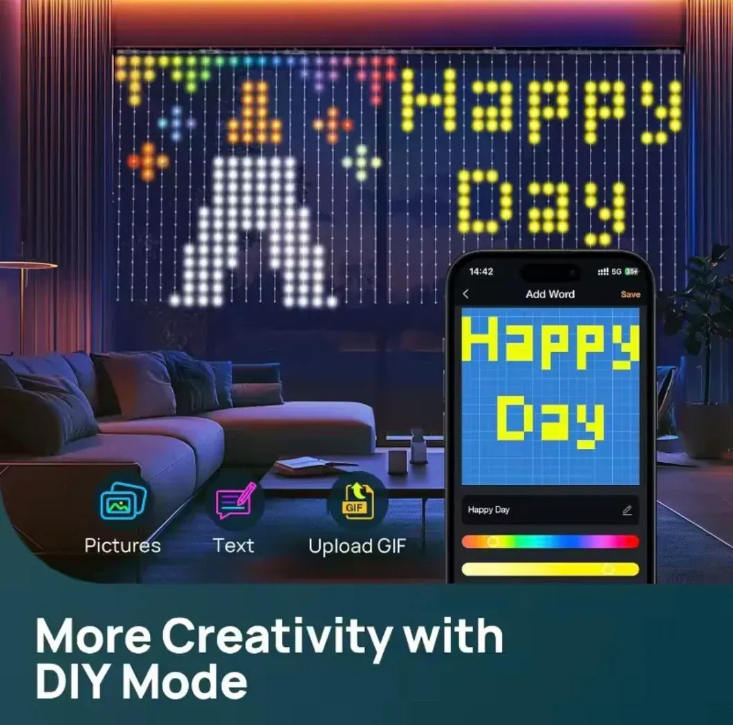 🎄 LED Pixel Curtain Lights – App-Controlled Custom Light Display