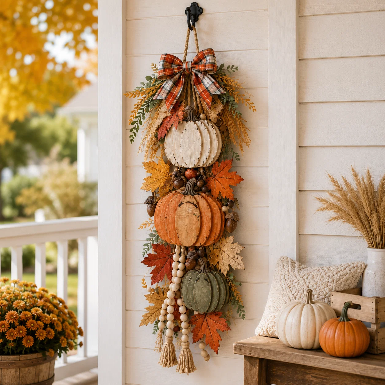 🎃 Rustic Wooden Pumpkin Door Hanging with Warm LED Lights – Fall & Halloween Decor